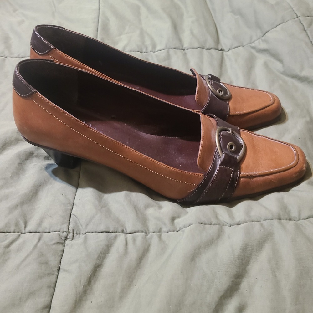 Naturalizer Bernsen Loafer Pumps Women 10M Tan Brown Leather Buckle Block Heel - Picture 6 of 10